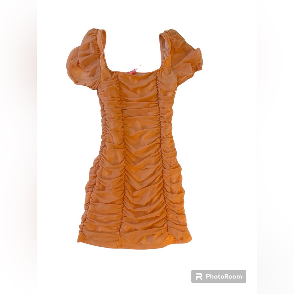 Dolls Kill Sugar Thrillz peachy ruched mini dress short puff sleeve
